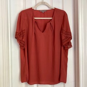 Daniel Rainn Orange Chiffon V-neck Top Crochet Sleeve